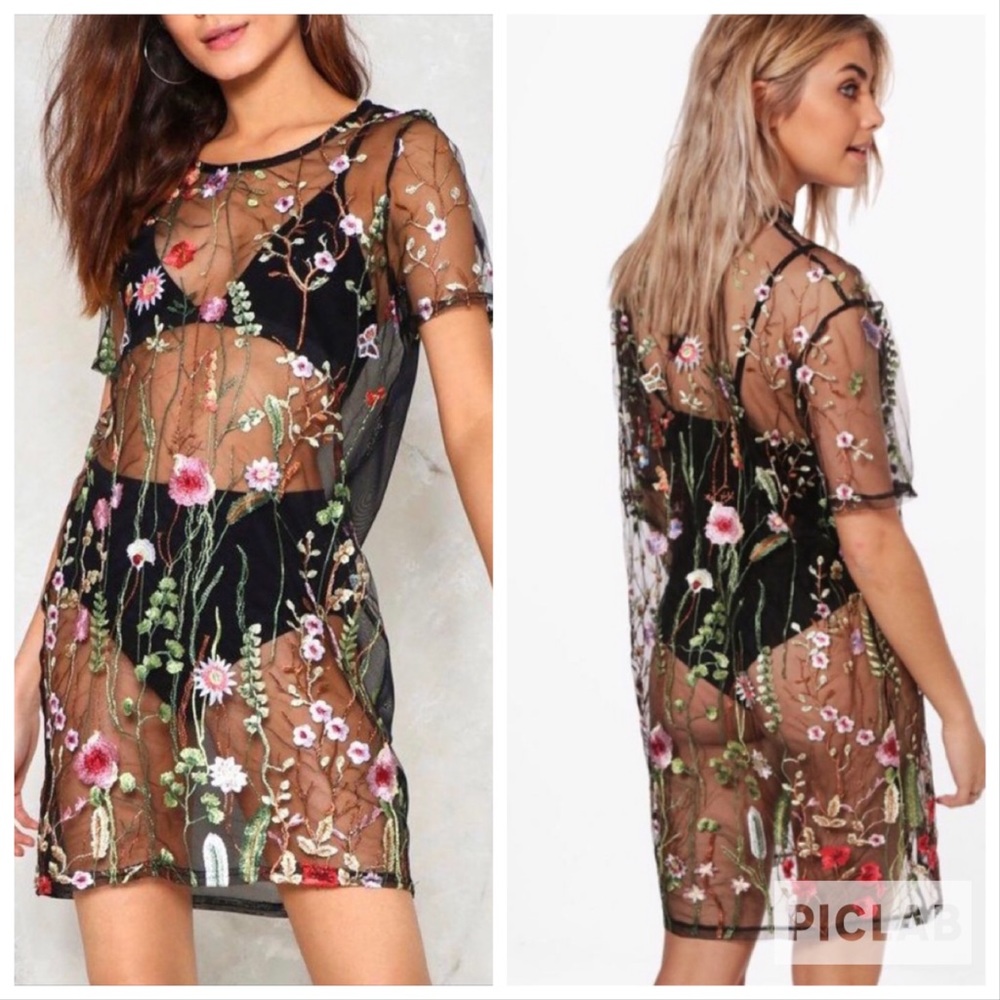 Boohoo Floral Embroidered Lace Black Mock Dress/ Swimsuit Cover Tall 6